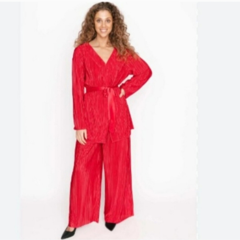 NWT Smash+Tess Festive Red Robe & Wide Leg Loungewear Set In Size Small